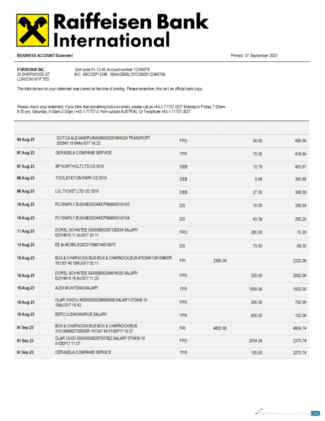 Raiffeisen Bank International Bank International company statement Word and PDF template